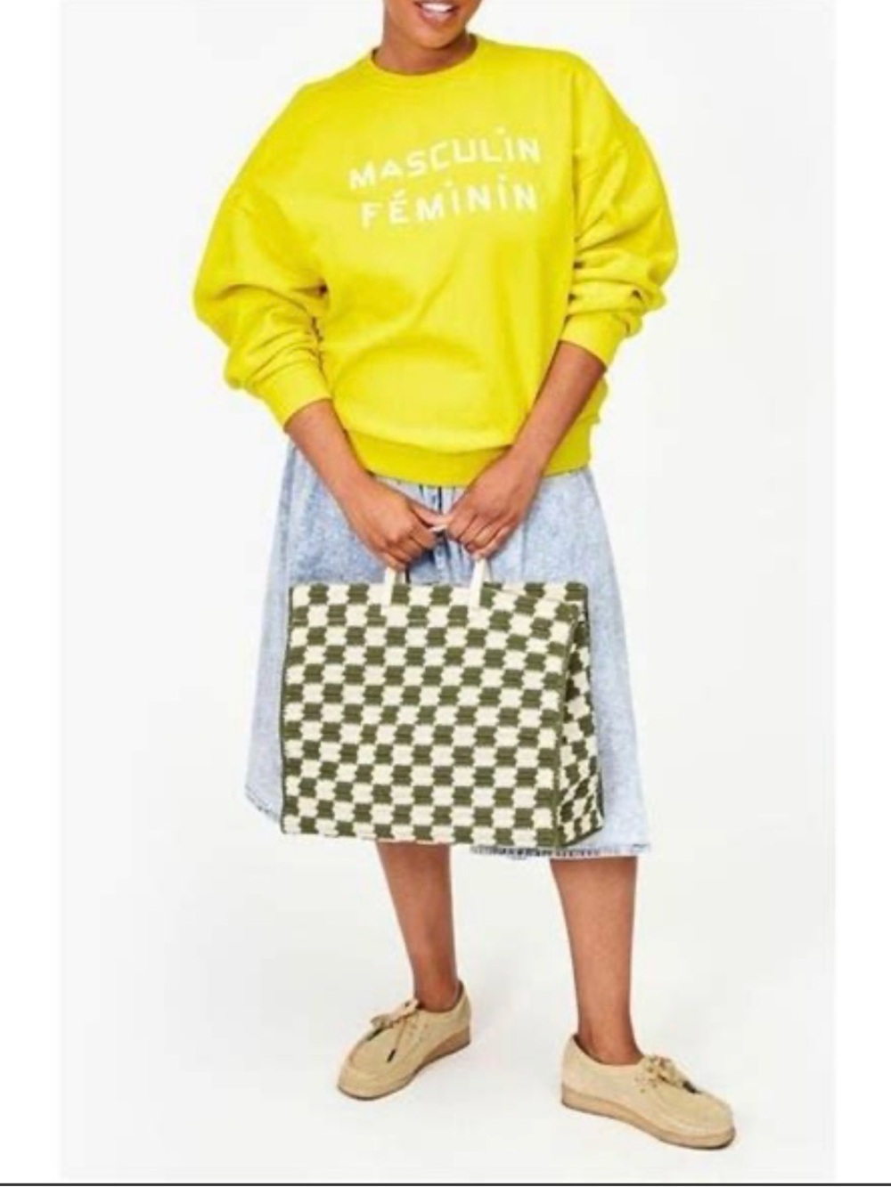 Clare V Simple Crochet Checkerboard Tote in Green and White